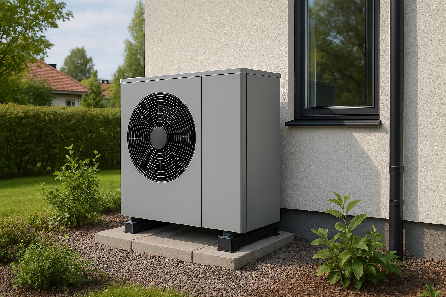 Grå bergvärmepump intill en husvägg